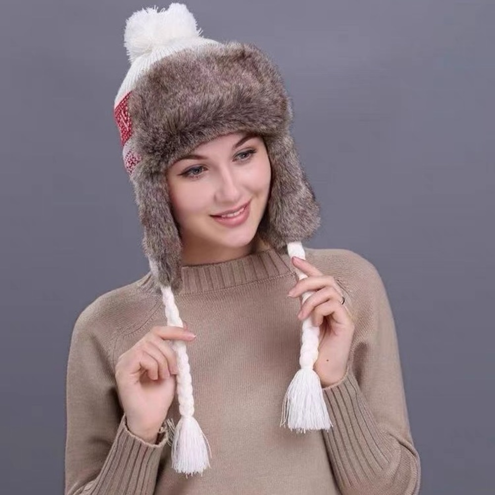 Fashion Knitted Winter Earflaps Caps Women Faux Fur